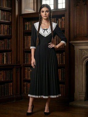 Simple Retro Black Pleated White Lace Trim Dress Womens Size S Retro Goth New